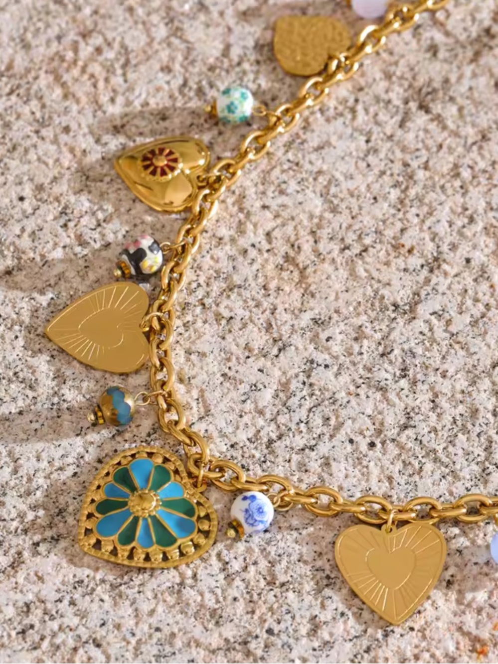 Mosaic Gold Heart Charm Necklace with Turquoise and Multicolor Beads - Picture 6 of 10